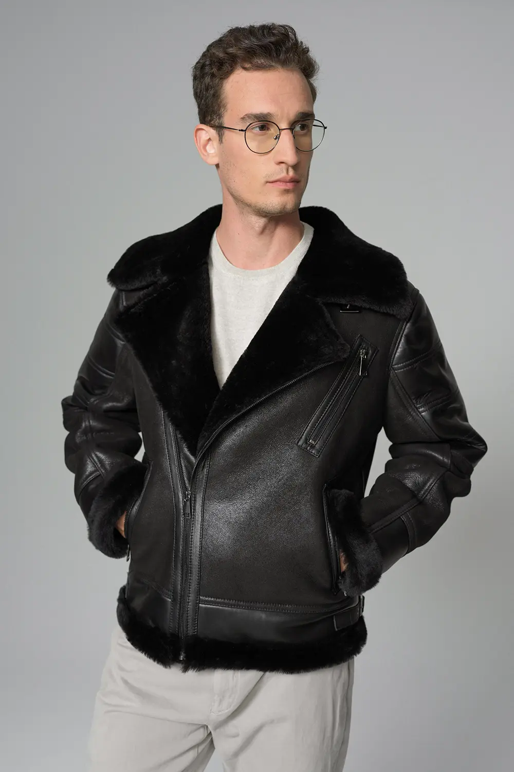 Kartwears Men's Shearling Leather Moto Jacket – Asymmetrical Zip & Contrast Trim