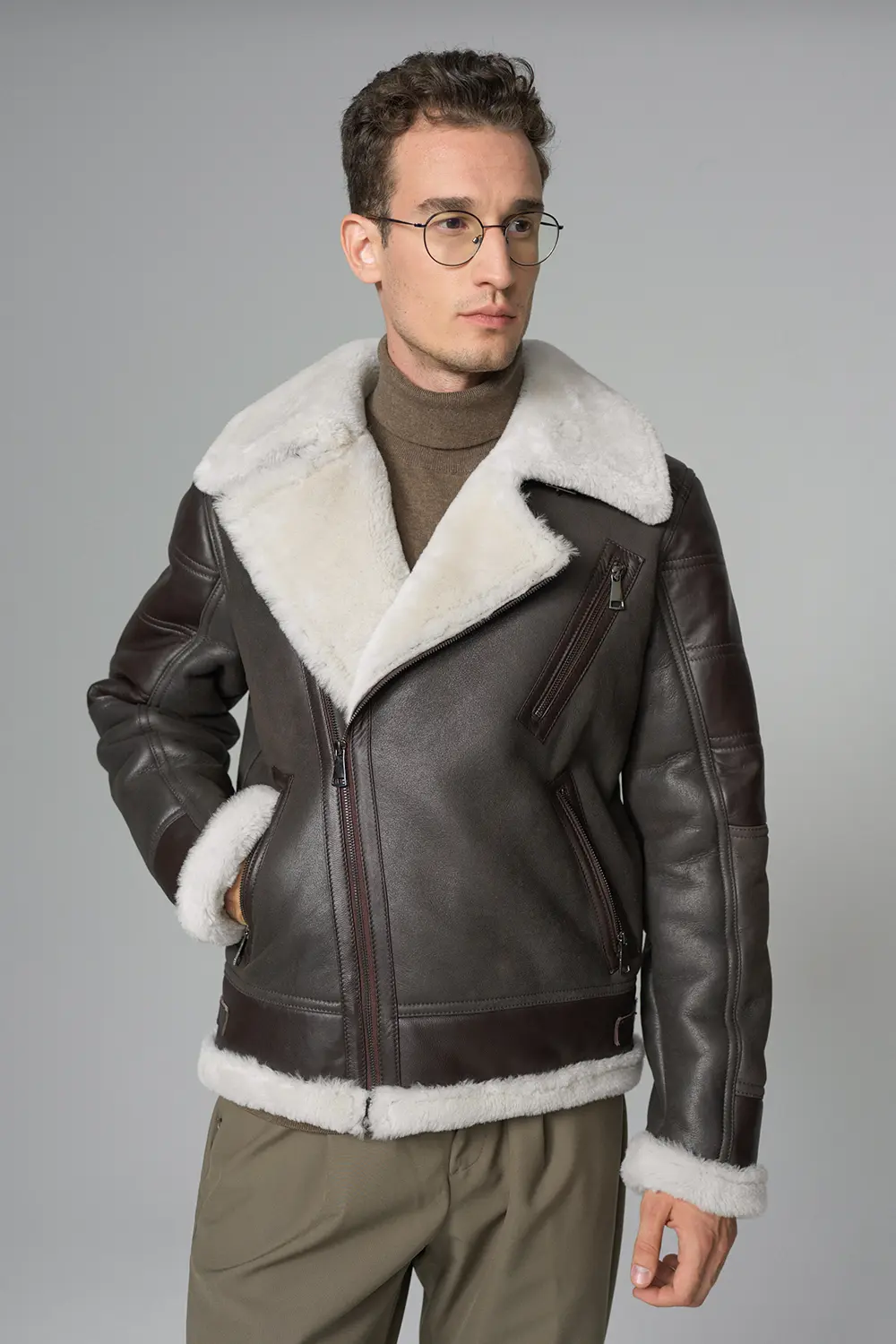 Kartwears Men's Shearling Leather Moto Jacket – Asymmetrical Zip & Contrast Trim