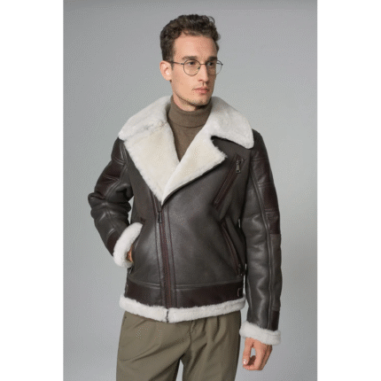 Kartwears Men's Shearling Leather Moto Jacket – Asymmetrical Zip & Contrast Trim