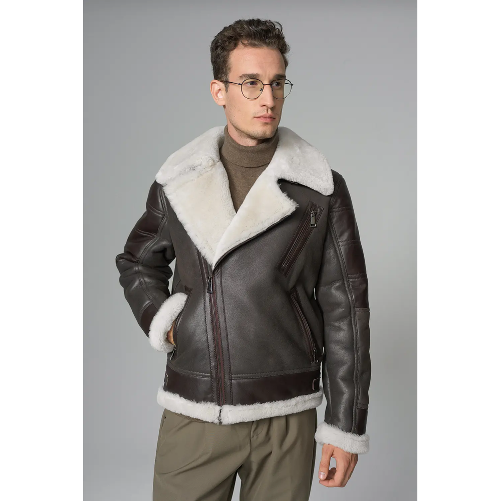 Kartwears Men's Shearling Leather Moto Jacket – Asymmetrical Zip & Contrast Trim