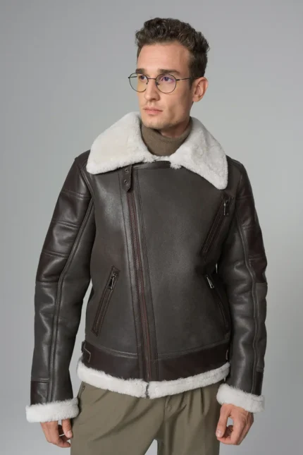 Kartwears Men's Shearling Leather Moto Jacket – Asymmetrical Zip & Contrast Trim
