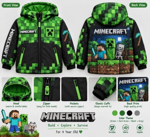 Minecraft Creeper Pixel Camo Winter Jacket – Kids Digital Print Puffer Coat - Thumbnail Image 5