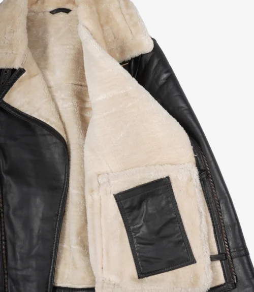 Men's Black Leather Shearling Fur Collar Jacket | Kartwears