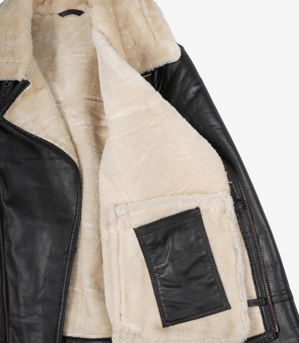 Men's Black Leather Shearling Fur Collar Jacket | Kartwears
