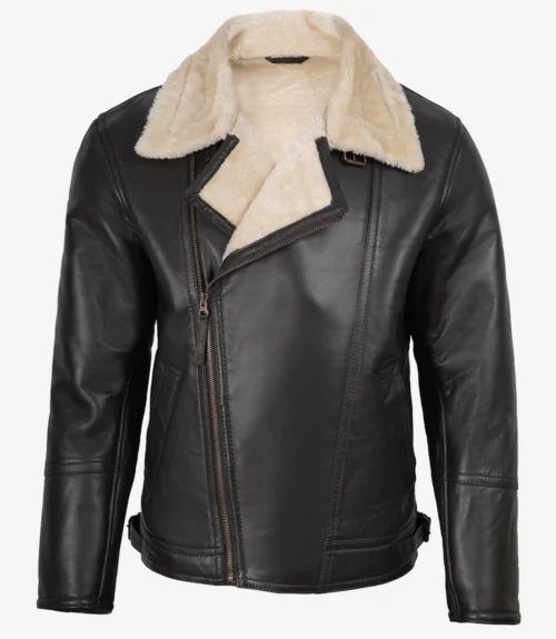 Men's Black Leather Shearling Fur Collar Jacket | Kartwears