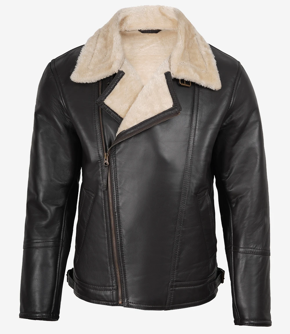 Men's Black Leather Shearling Fur Collar Jacket | Kartwears