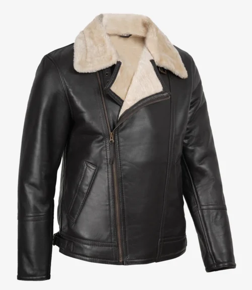 Men's Black Leather Shearling Fur Collar Jacket | Kartwears