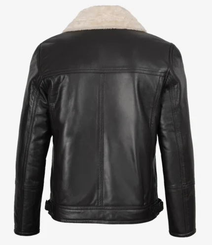 Men's Black Leather Shearling Fur Collar Jacket | Kartwears