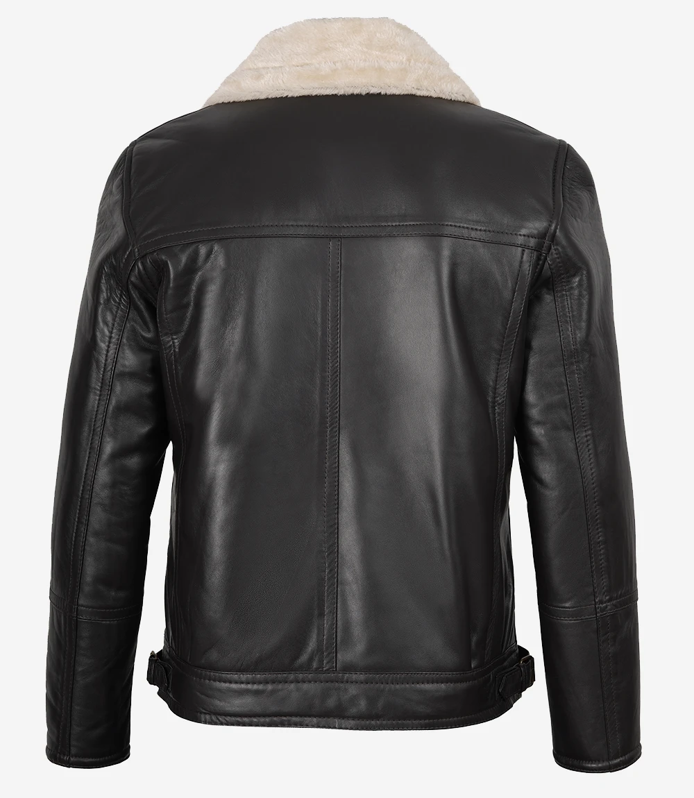 Men's Black Leather Shearling Fur Collar Jacket | Kartwears