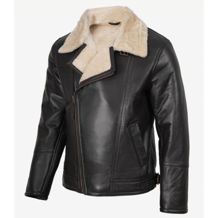 Men's Black Leather Shearling Fur Collar Jacket | Kartwears