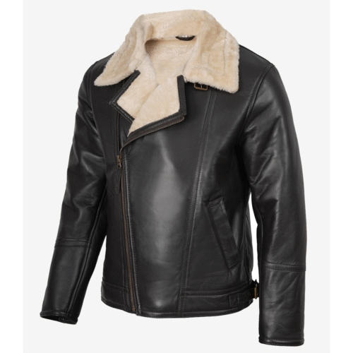 Men's Black Leather Shearling Fur Collar Jacket | Kartwears