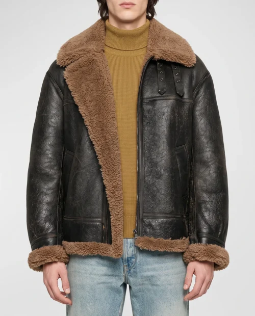 Kartwears Men's Vintage Distressed Shearling Leather Bomber Jacket – Zip Front